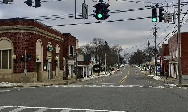 Looking eastward down East Main Street (NY 33) from the corner of Alleghany Road in the village of Corfu, New York, January 2021.