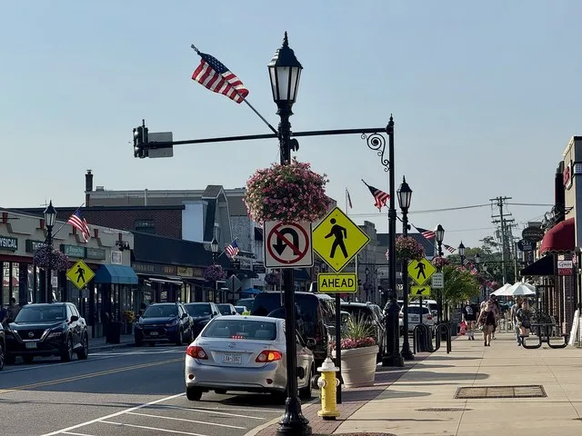 Main Street in the Village of Farmingdale, NY on July 5, 2025, looking north from its intersection with Prospect Street.