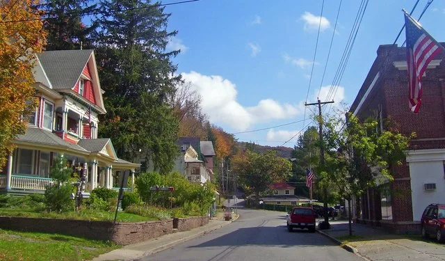 View east down Main Street to Halcott Road junction in downtown Fleischmanns , NY, USA