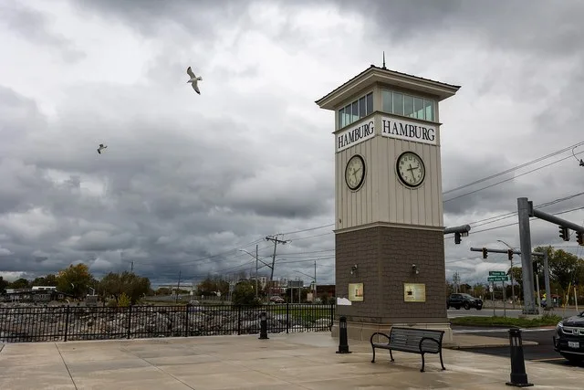 Hamburg New York clock tower, at the intersection of Lake Shore (Route 5), Big Tree and Hoover roads, next to Hoak’s Restaurant. Built 2020.
