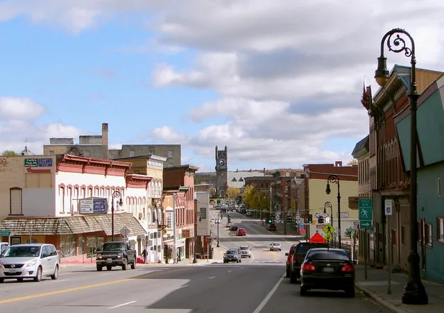 Main street in Malone, Franklin County, New York, USA
