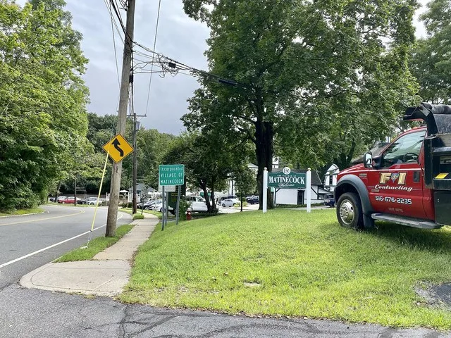 A welcome sign at an entrance to Matinecock, Long Island, New York on August 29, 2021. This photo was taken on Birch Hill Road, looking towards the south.