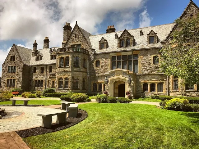 Mill Neck manor, located in Mill Neck NY, looking towards its Eastern facade.