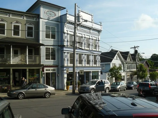 The business district of Millerton, New York with Little Gates wine shop and Eckert Fine Art gallery.