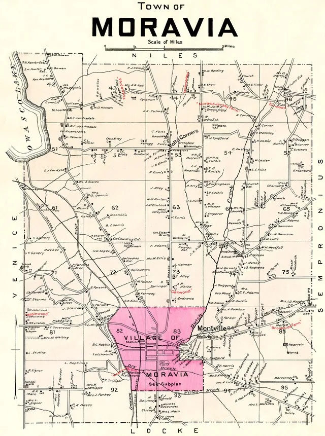 1904 map (plan) of the Town of Moravia, New York, showing the Village of Moravia