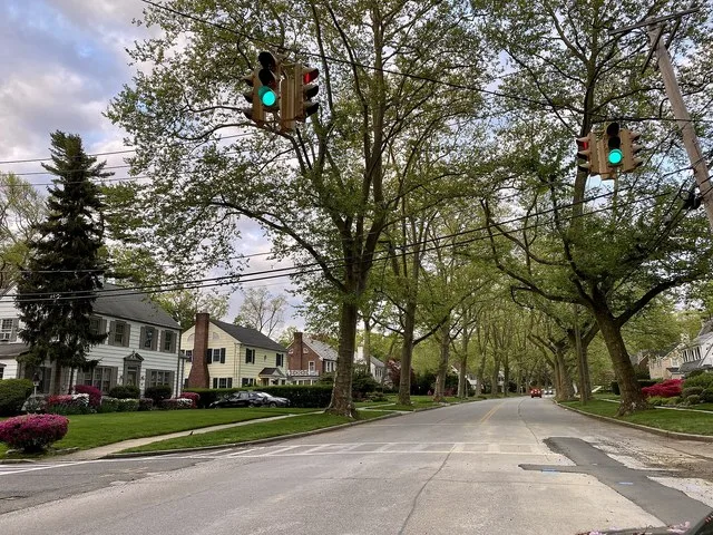 Park Avenue in Munsey Park, New York, Looking East on May 10, 2021. Park Avenue is a tree-lined road, and is one of the main thoroughfares within Munsey Park.