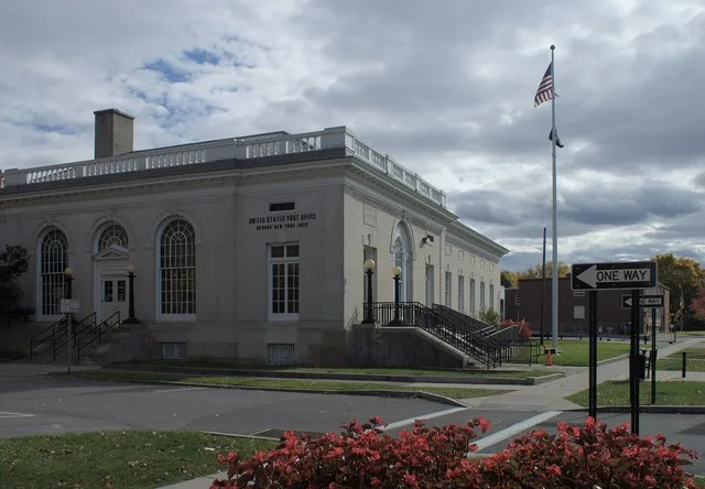 The Newark, NY post office as seen from Central Park