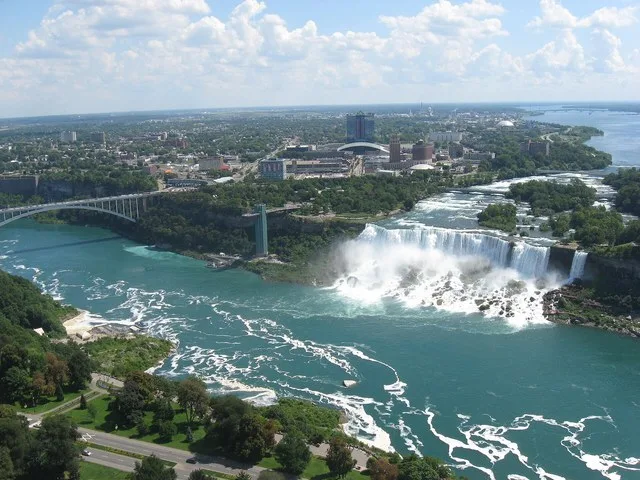 The Niagara River seen from Skylon Tower in Niagara Falls, Ontario , Canada . From left to right: the Rainbow Bridge , Niagara Falls City (New York State) , the American Falls and...