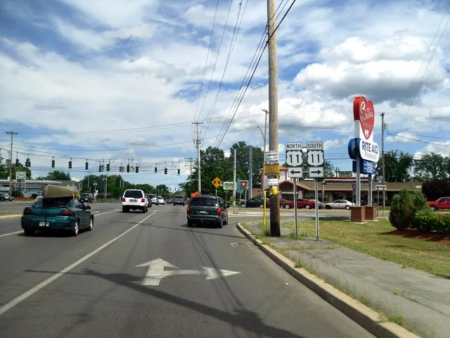 Intersection of US Route 11 and Taft Rd in North Syracuse, New York. Locally known as Sweetheart Corners after a former supermarket, Sweetheart Market.