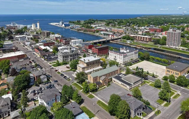 Aerial view of downtown Oswego, New York (pop. 16,921).