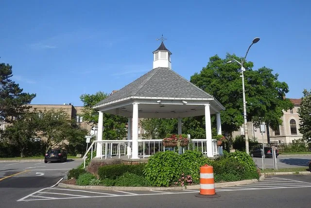Looking east at gazebo, on a hot usually sunny afternoon