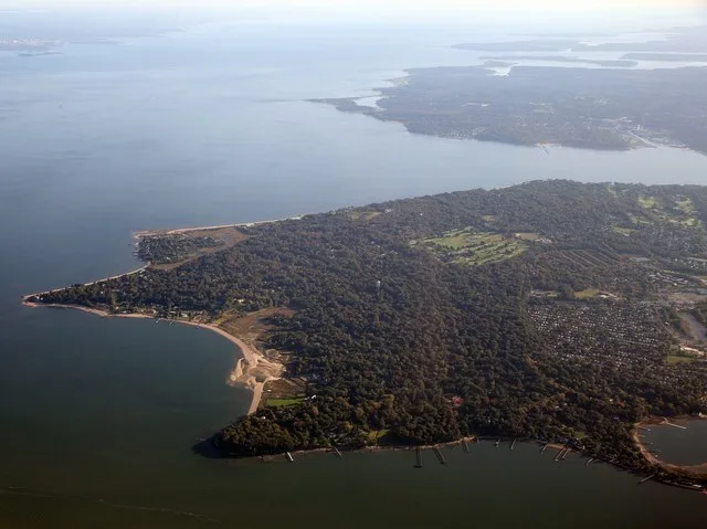Port Washington and Sands Point on the North Shore of Long Island. Manhasset Bay in the foreground and Hempstead Bay on the far side. Connecticut on the top left, across Long Isla...