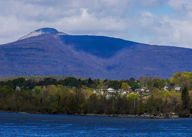View of Saugerties and Kaaterskill high peak from the Hudson river