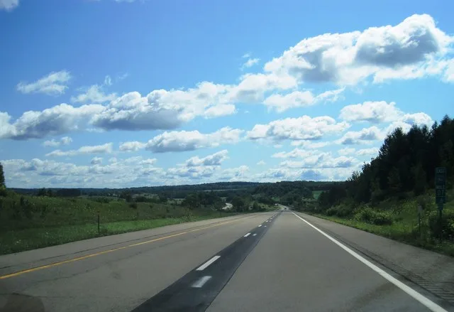 Photo of eastbound Interstate 86 in the town of Sherman , New York . Photo taken looking east at milepost 7.6 between Mannison Road and Clymer-Sherman Road.