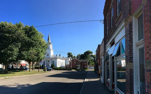 Looking south along Park Place from just past the corner of Central Avenue in the village of Silver Creek, New York. First United Presbyterian Church is seen just left of center.