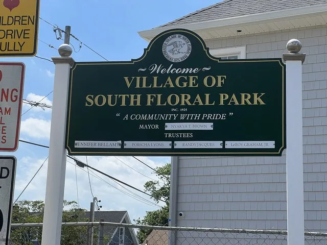 A South Floral Park welcome sign in the Inc. Village of South Floral Park, NY on August 11, 2022, at the south side of the intersection of Allen Way and Tennessee Street.
