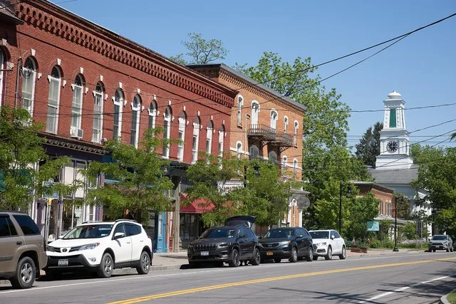 The First Presbyterian Church of Ulysses anchors Main Street in Trumansburg, New York.