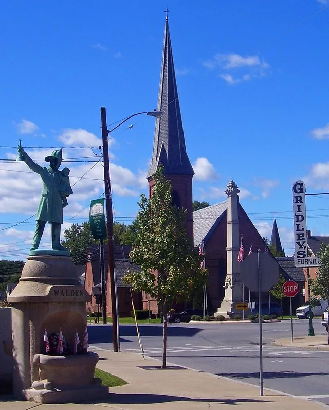 St. Andrew's Episcopal Church and monuments in downtown Walden , NY, USA
