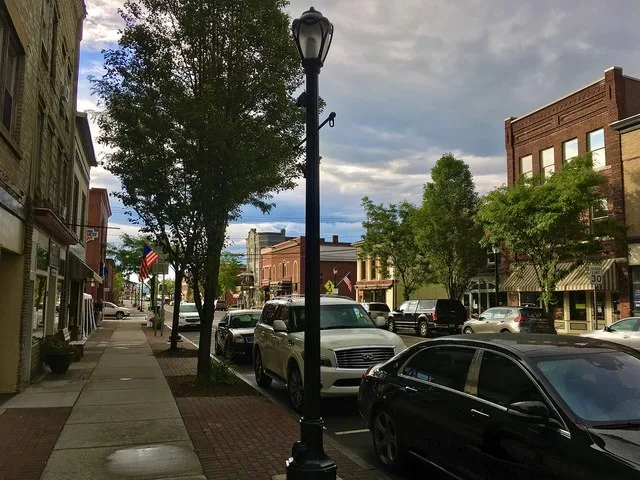 Looking north along Franklin Street from between 2nd and 3rd Streets in downtown Watkins Glen, New York, June 2020.