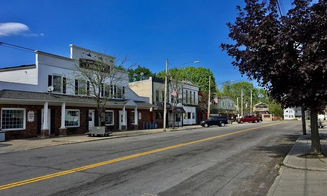 Looking northeastward along Young Street from a point directly across the street from the former Masonic Temple in the village of Wilson, New York, May 2020.