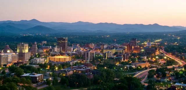 Downtown Asheville, North Carolina, at dusk