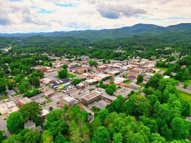 Aerial of downtown Brevard, North Carolina, in Transylvania County