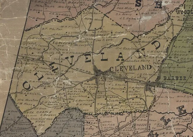 Map depicts township boundaries, churches, schools, homes, railroads