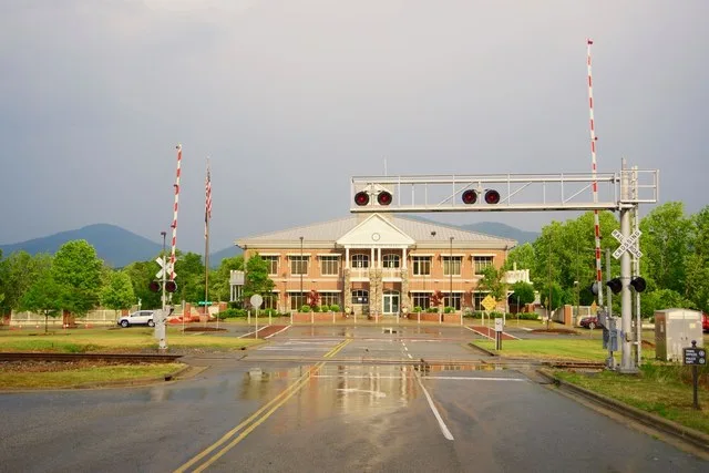 Town Hall in Fletcher, North Carolina, United States. Fanning Bridge Road is in the foreground.