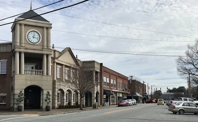 Main Street in Gibsonville with Wade Jewelers building in foreground on left