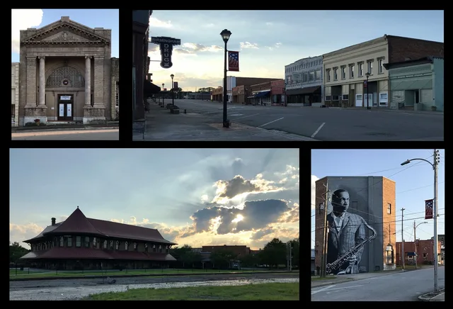 Collage of photos from Hamlet, North Carolina. Clockwise from top left: Bank of Hamlet, Main Street, Mural of John Coltrane, Hamlet Depot. Photos all taken on July 11, 2020