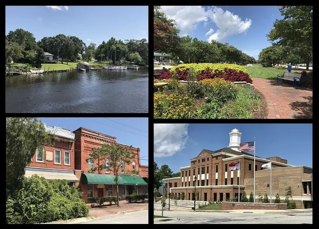 Clockwise from top left: Jacksonville waterfront along New River, LP Willingham Riverfront Park, Court Street, Onslow County Courthouse