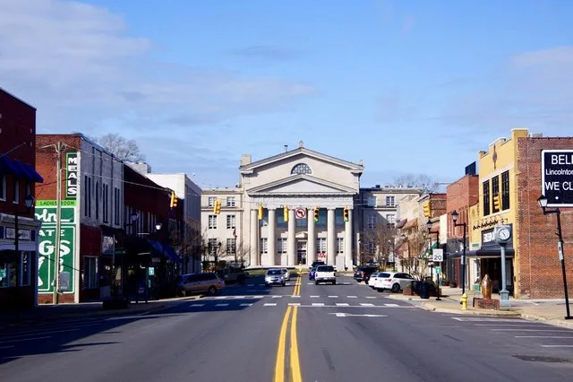 View along Main Street (North Carolina Highway 27) toward the Lincoln County Courthouse in Lincolnton, North Carolina, United States