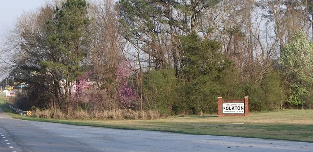 Polkton welcome sign on US 74 in Anson County, North Carolina.
