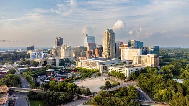 The Raleigh skyline as viewed from Dorothea Dix Park.