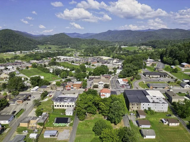 Aerial photo of downtown Robbinsville, North Carolina, in Graham County