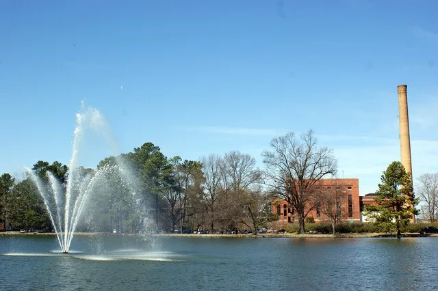 Rocky Mount, North Carolina city lake and Power Plant in background.