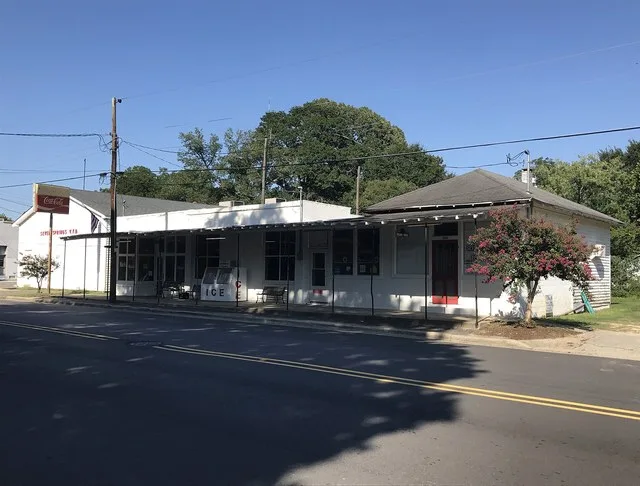 Buildings in Seven Springs. Town hall at far right