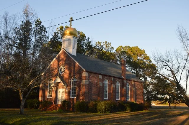 Front and southern side of SS. Peter and Paul's Russian Orthodox Greek Catholic Church , located on Front Street just south of Main Street in St. Helena , North Carolina , United...