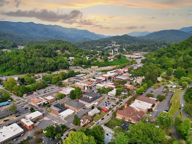 Aerial view of downtown Sylva, North Carolina, in Jackson County