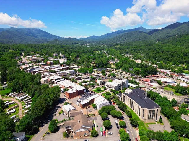 Aerial of downtown Waynesville, North Carolina, in Haywood County