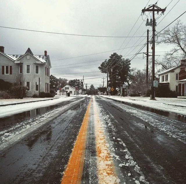 Snow covered Main Street of Winfall, North Carolina
