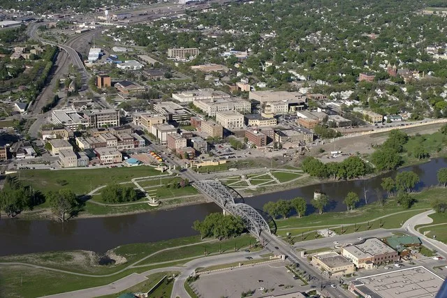 Grand Forks, ND, May 17, 2006 -- Aerial view of Grand Forks mitigation project building new levee walls, burns and pumping stations protecting the city from the Red River. Photo b...