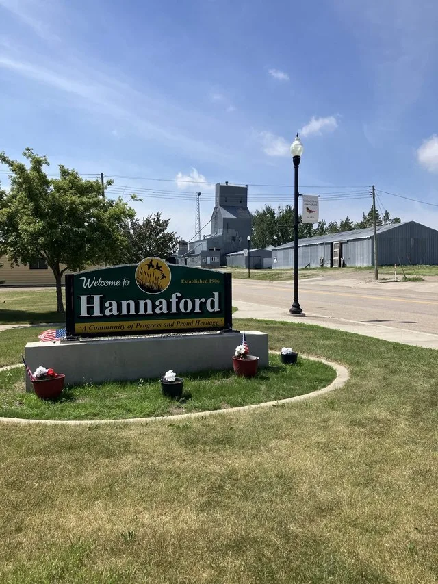Welcome sign in Hannaford, North Dakota.