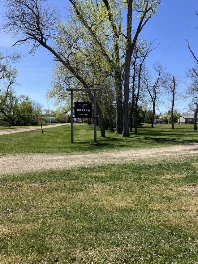 Welcome sign in Oriska, North Dakota.