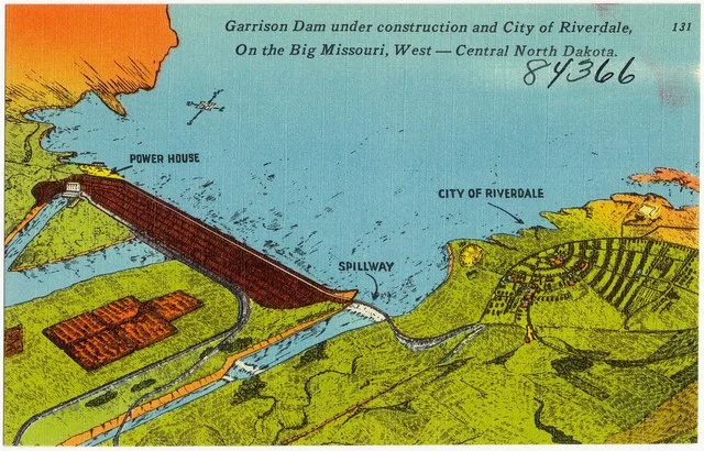 Title: Garrison Dam under construction and city of Riverdale, on the Big Missouri, West -- Central North Dakota Subjects: Dams Places: North Dakota > McLean (county) > Riverdale N...