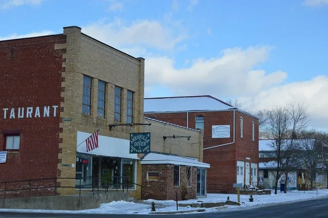 Buildings on State Street (State Routes 329 / 550 ) at the Main Street intersection in Amesville , Ohio , United States .