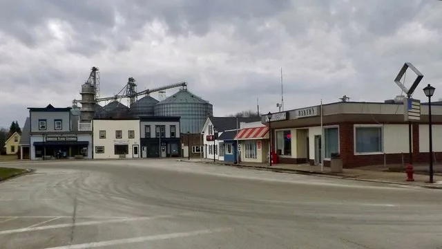 The northeast corner of the public square at the center of downtown Andover, Ohio, as seen on a February 2023 afternoon from the end of East Main Street. The massive grain-drying...