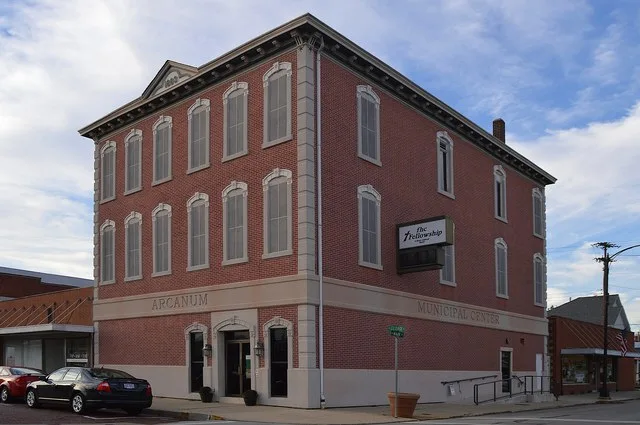 Front and eastern side of the Arcanum Municipal Center (town hall and community building), located on the northwestern corner of the junction of Main ( State Route 49 ) and George...