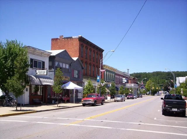 A view of downtown Bellville, Ohio on Main Street just north of the intersection of Church Street.