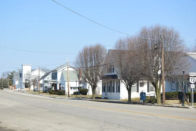 Buildings on the eastern side of Maysville Street ( State Route 72 ) north of the Xenia Street intersection in Bowersville , Ohio , United States .
